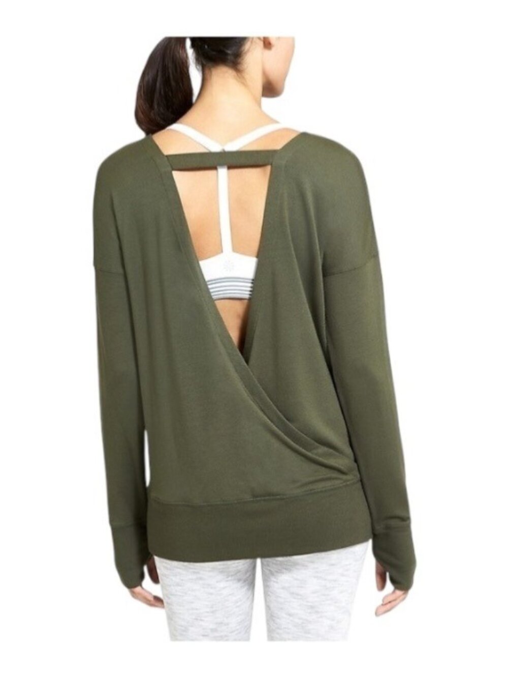 Athleta Chakra Backless Sweatshirt Olive Green Size M Yoga Gym Workout Lounge